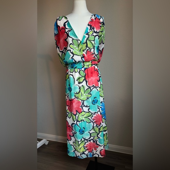 MAGGY LONDON White Floral Print V-Neck Stretch Waist A-Line Midi Dress 24W. New - Picture 5 of 12